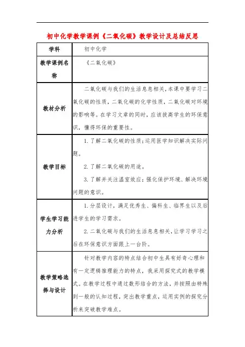 初中化学教学课例《二氧化碳》课程思政核心素养教学设计及总结反思