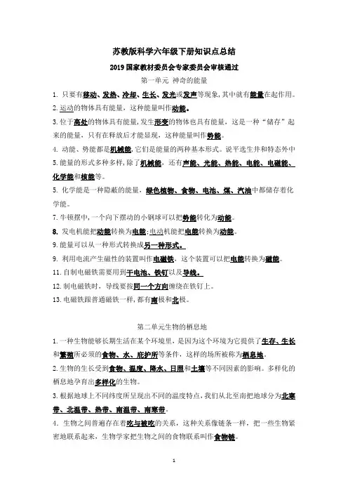 苏教版科学六年级下册知识点总结2019国家教材委员会专家委员会审核通过