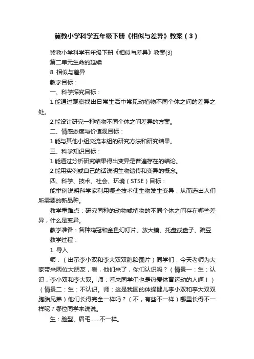 冀教小学科学五年级下册《相似与差异》教案（3）