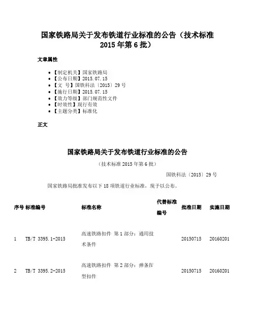 国家铁路局关于发布铁道行业标准的公告（技术标准2015年第6批）