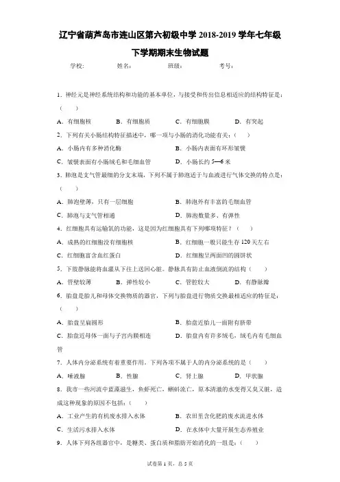 辽宁省葫芦岛市连山区第六初级中学2018-2019学年七年级下学期期末生物试题