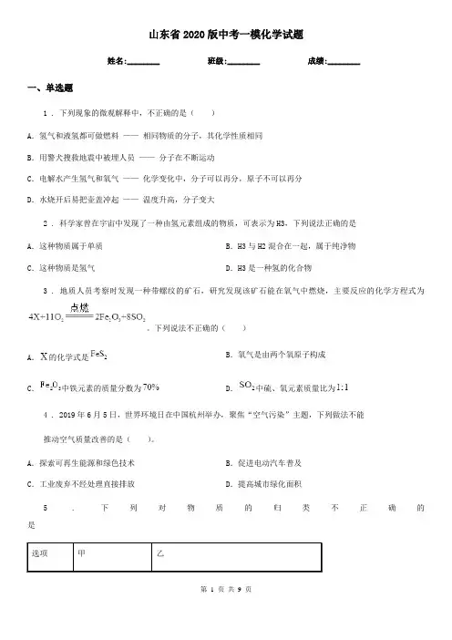山东省2020版中考一模化学试题