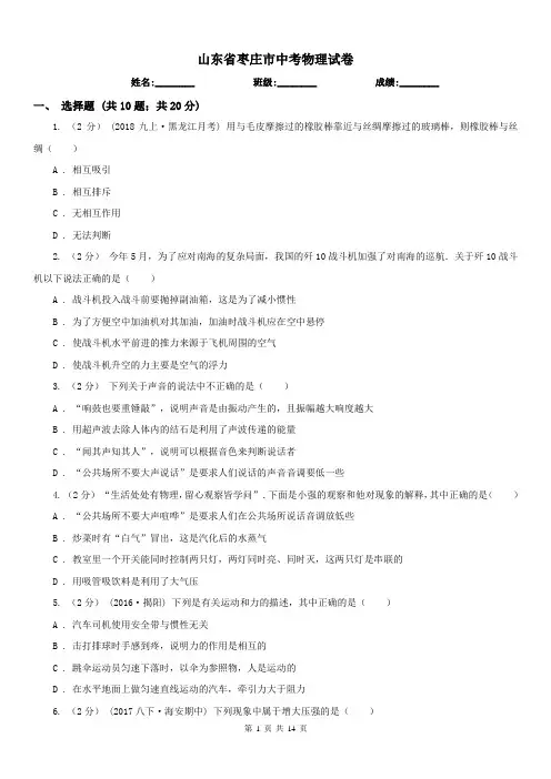 山东省枣庄市中考物理试卷 