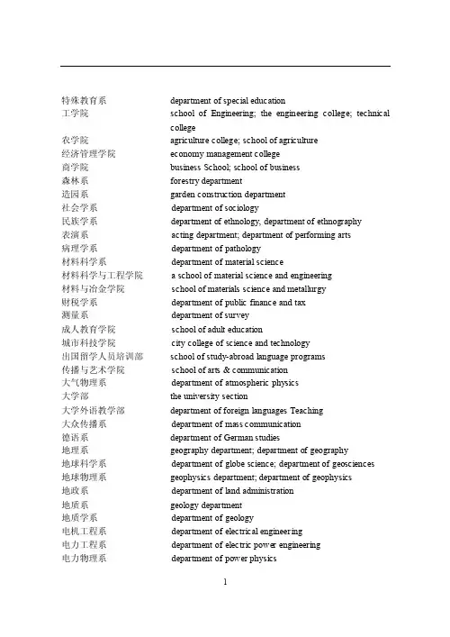 院系专业中英文对照大全