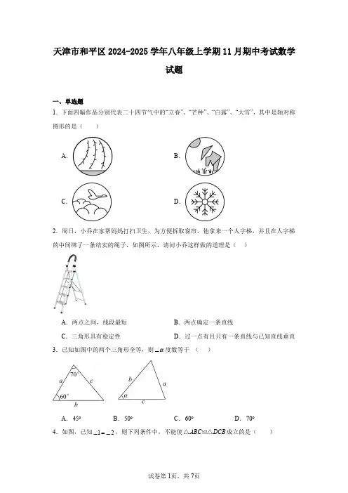 天津市和平区2024-2025学年八年级上学期11月期中考试数学试题