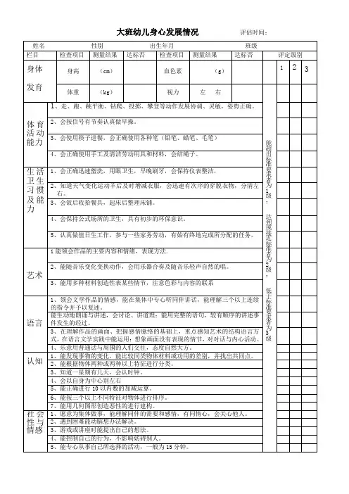 大中小班体能个体评价表