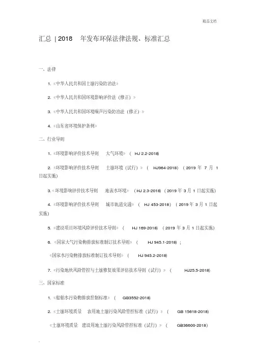 2018年发布环保法律法规、标准汇总
