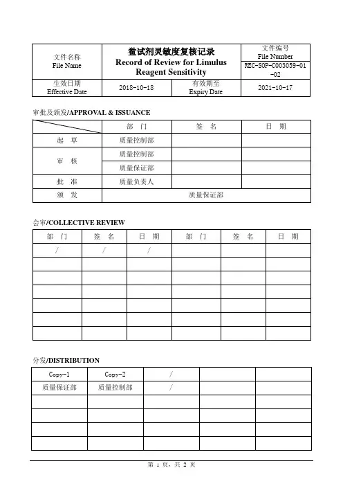 鲎试剂灵敏度复核记录