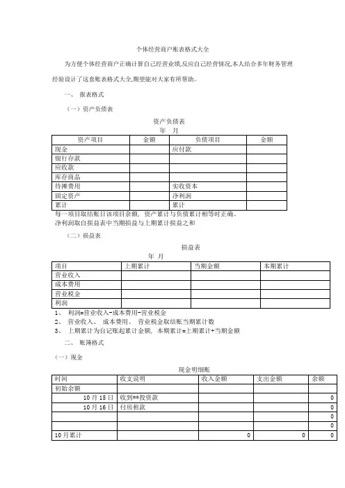 个体经营商户账表格式大全模板