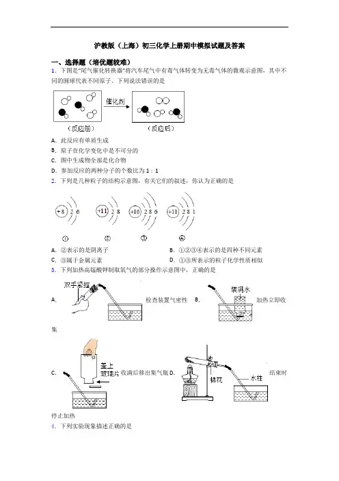 沪教版(上海)初三初三化学上册期中模拟试题及答案