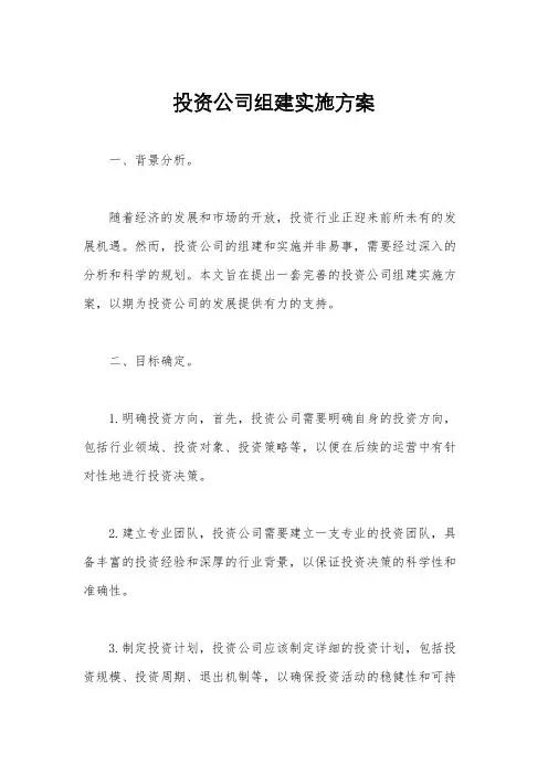 投资公司组建实施方案