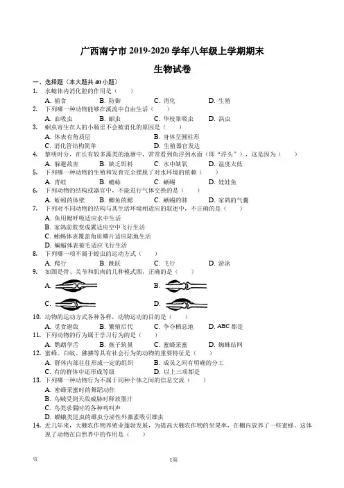 广西南宁市2019-2020学年八年级上学期期末生物试卷(解析版)