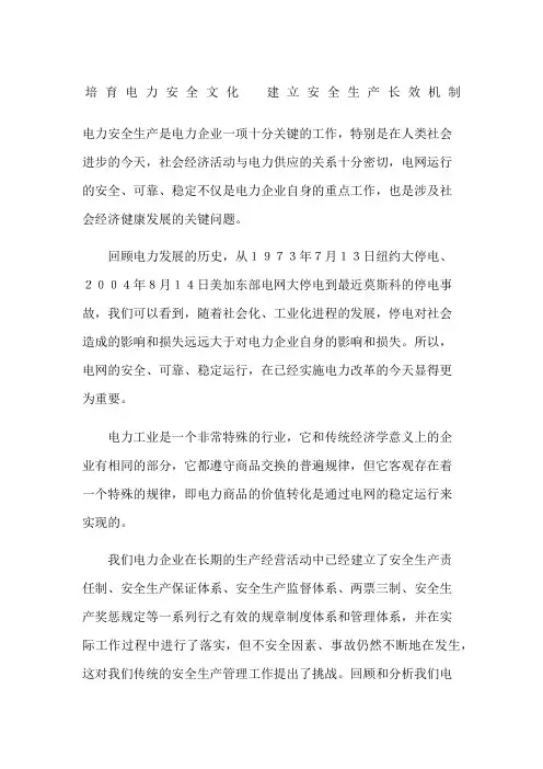 培育电力安全文化建立安全生产长效机制