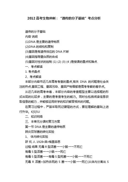 2012高考生物冲刺：“遗传的分子基础”考点分析
