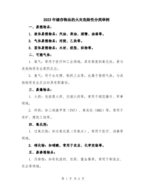 2023年储存物品的火灾危险性分类举例