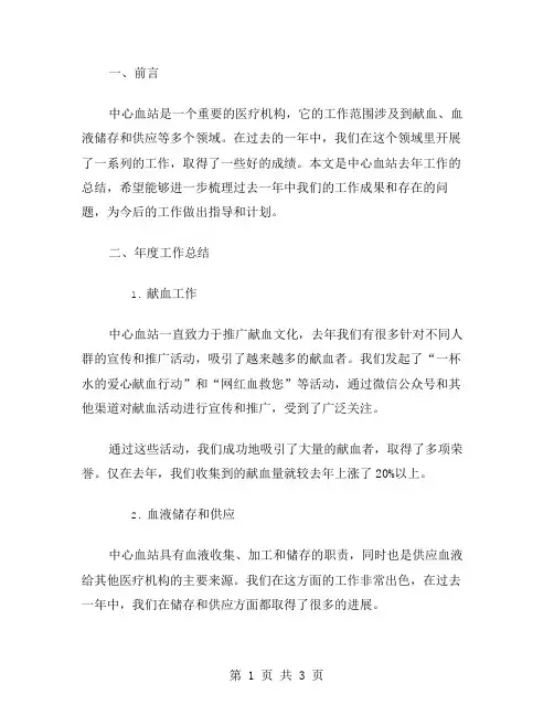 中心血站年度工作总结范文