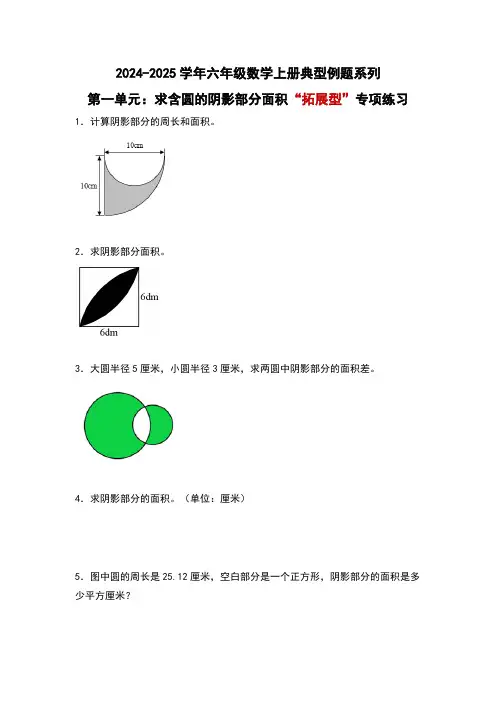 北师大版2024-2025学年六年级数学上册典型例题系列第一单元：求含圆的阴影部分面积“拓展型”专项