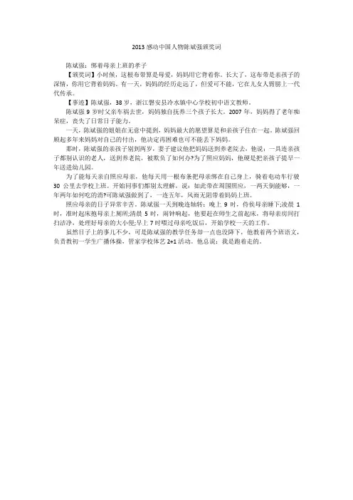 2013感动中国人物陈斌强颁奖词