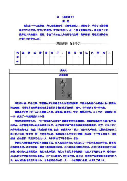 高中语文人教版选修中国小说欣赏(检测)：16+骆驼祥子+Word版含答案