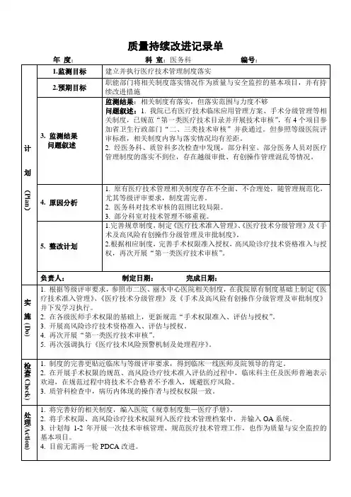 医院医务科建立并执行医疗技术管理制度落实PDCA持续质量改进记录表PDCA模板