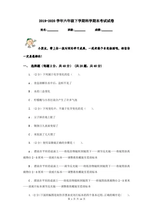 2019-2020学年六年级下学期科学期末考试试卷
