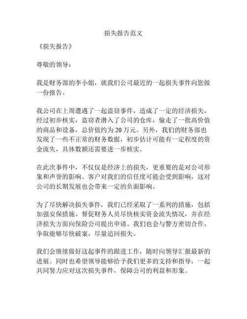损失报告范文