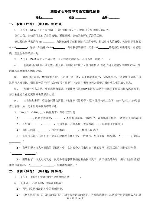 湖南省长沙市中考语文模拟试卷