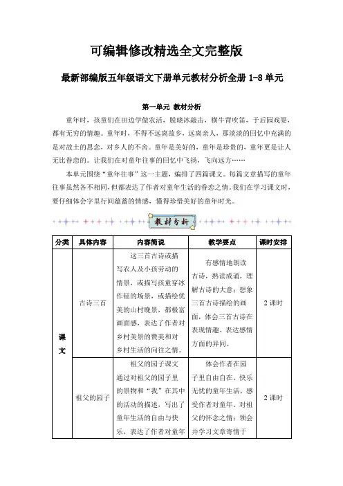 最新部编版五年级语文下册单元教材分析(精编)全册1-8单元精选全文