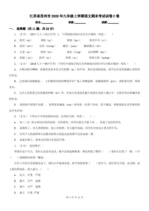江苏省苏州市2020年九年级上学期语文期末考试试卷C卷