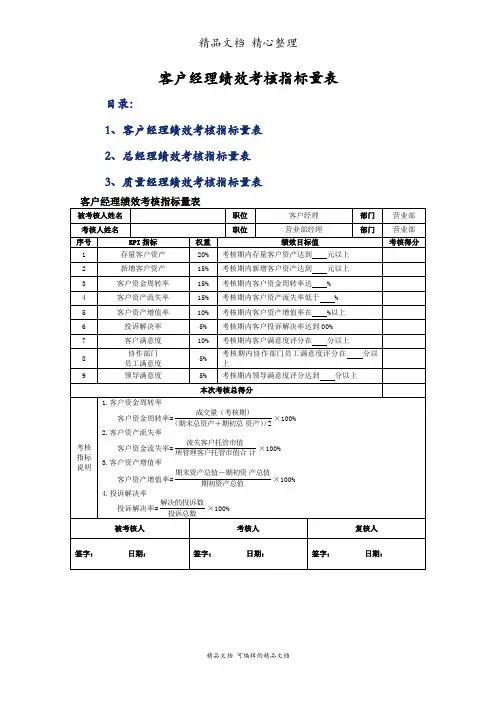 客户经理绩效考核指标量表