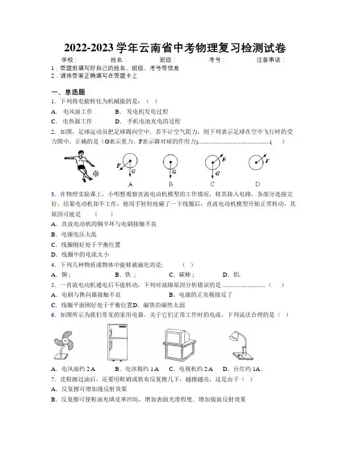 2022-2023学年云南省中考物理复习检测试卷附解析