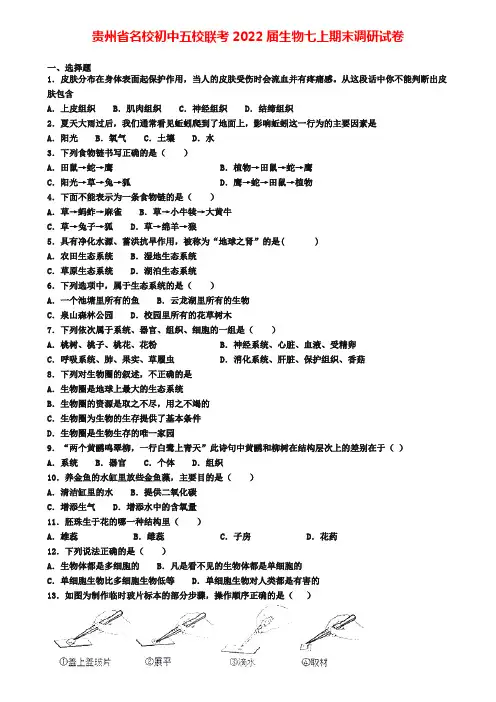 贵州省名校初中五校联考2022届生物七上期末调研试卷