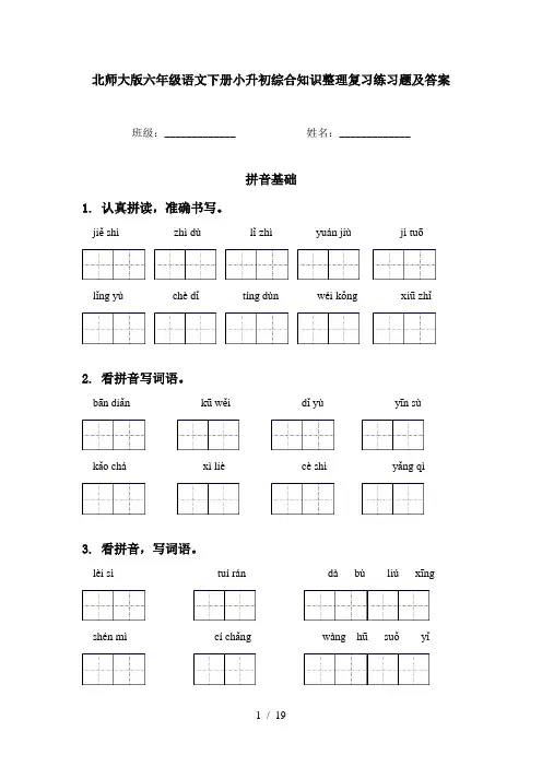 北师大版六年级语文下册小升初综合知识整理复习练习题及答案