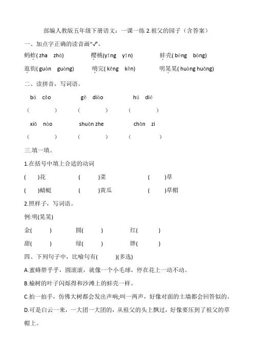2020部编人教版五年级下册语文：一课一练2.祖父的园子(含答案)