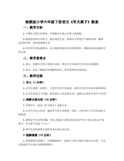 湘教版小学六年级下册语文《军犬黑子》教案
