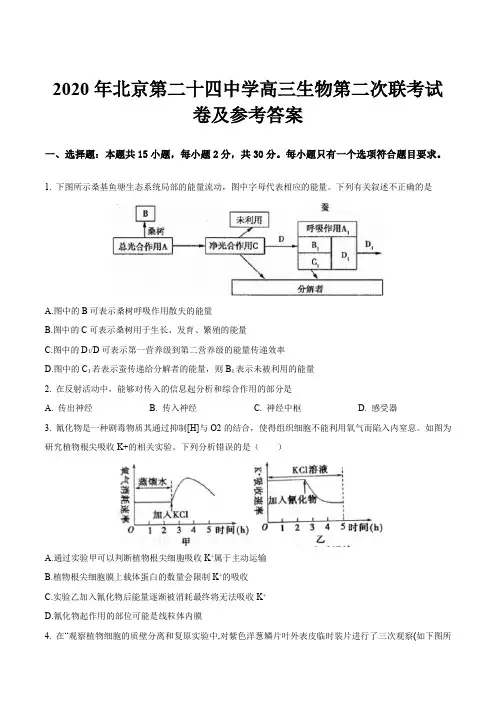 2020年北京第二十四中学高三生物第二次联考试卷及参考答案
