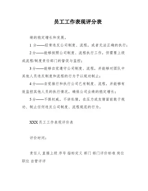 员工工作表现评分表