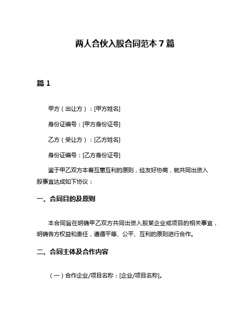 两人合伙入股合同范本7篇