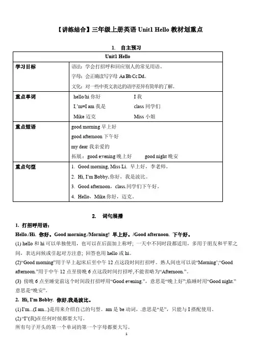 三年级上册英语Unit1 Hello教材划重点