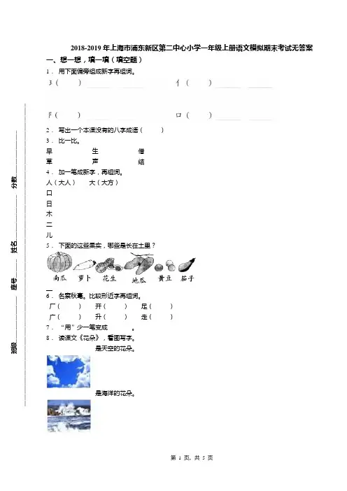 2018-2019年上海市浦东新区第二中心小学一年级上册语文模拟期末考试无答案