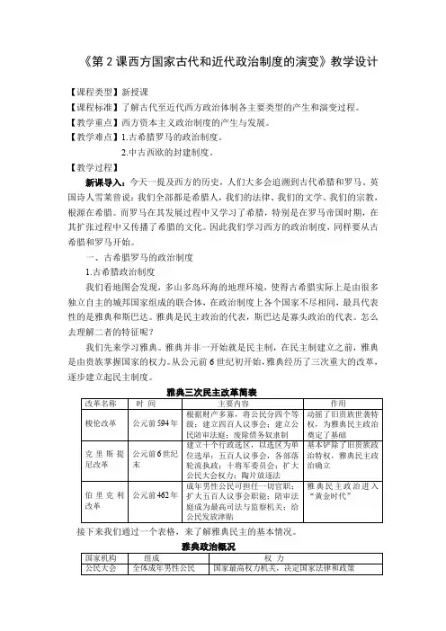 历史部编版高中选择性必修一(2019年新编)第2课 西方国家古代和近代政治制度的演变 教案A