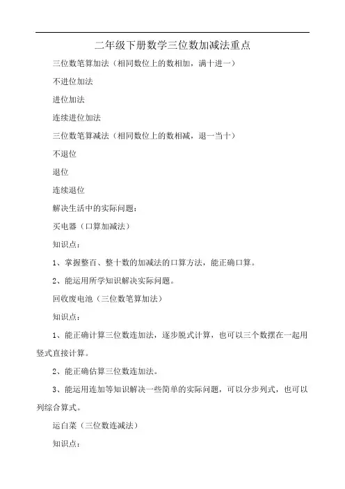 二年级下册数学三位数加减法重点