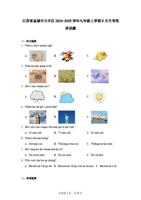 江苏省盐城市大丰区2024-2025学年九年级上学期9月月考英语试题