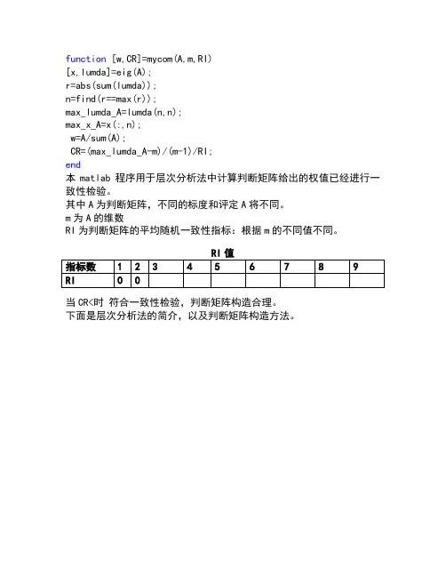 层次分析法判断矩阵求权值以及一致性检验程序