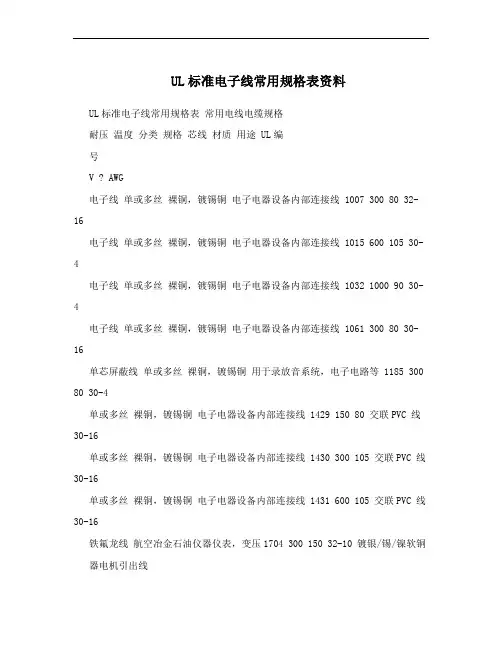 UL标准电子线常用规格表资料