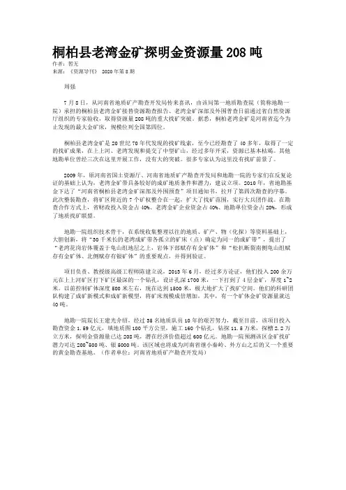 桐柏县老湾金矿探明金资源量208吨