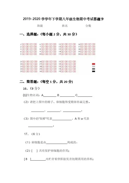 2019-2020年生物期中考试答题卡(1)
