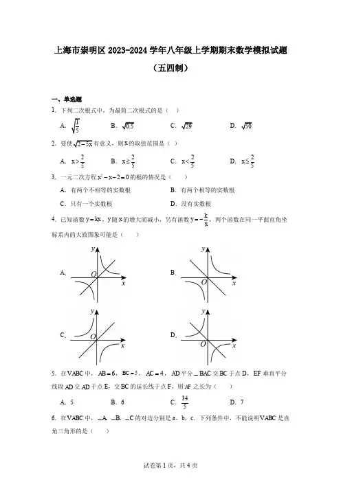 上海市崇明区2023-2024学年八年级上学期期末数学模拟试题(五四制)