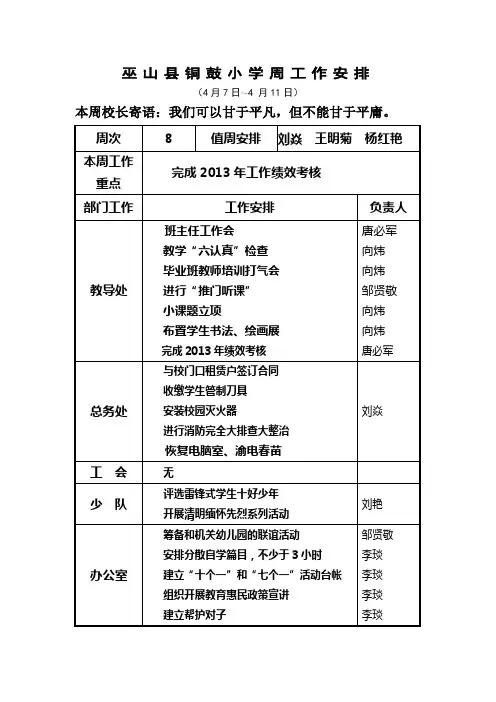 巫山县铜鼓小学周工作安排第8周