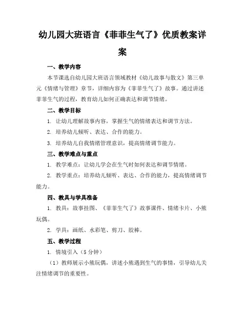 幼儿园大班语言《菲菲生气了》优质教案详案(1)